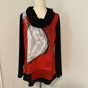 Designer Michael Tyler Red Black Top L Sleeve Cowl Neck Art to Wear Size S